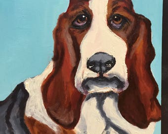 Frowning Basset Hound on Sky Blue Original Oil Painting Daily Painting