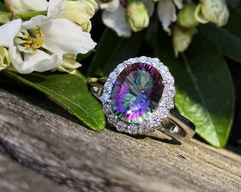 Mystic rainbow and CZ topaz ring, solid silver 925 and rhodium plated