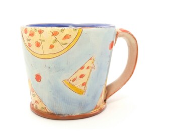 Pizza themed Earthenware mug. Wheel thrown, food safe mug by Kaitlyn Brennan/Brennan pottery. This is a big handmade mug perfect for coffee