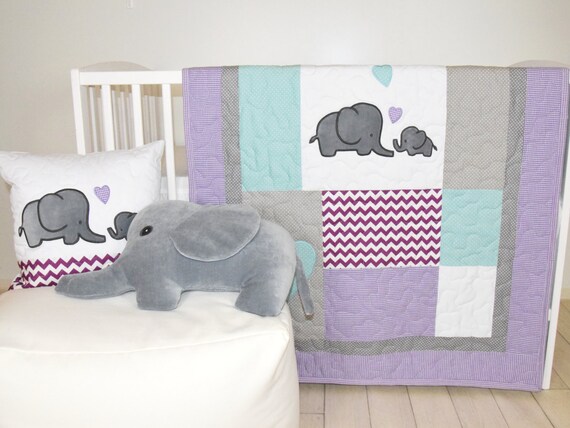 Elephant Baby Quilt Gray Purple Teal Crib Bedding Purple