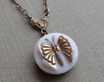 Little Butterfly, Necklace made with Vintage German Glass Button, Brass Ox, White with Gold Highlights