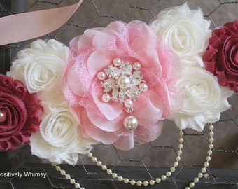 Maternity Sash, Girl Maternity Sash, Pink Maternity Sash, Baby Shower Sash, Girl Baby Shower, Belly Sash, RTS, Light Pink, Mauve, Ivory