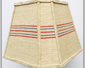 VINTAGE European GRAINSACK Grain Sack LAMPSHADE Lamp Shade Up Cycled Red and Blue Stripes for Rustic Industrial Beach Cottage Style Decor