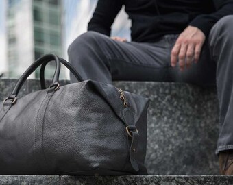 Real Leather Duffle / Duffel Bag by Fox Archer - Classic Black Leather Duffle Weekend Holdall Bag