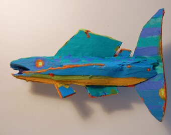 Whimsical Small Ready to Hang Recycled Wood Fish Art - Handmade Funky Fish Creation - Hang on Door, Wall, in Kitchen, Bath, Den, Lake House