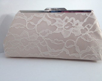 Ivory Lace Over Champagne Satin Clutch Purse, Bridesmaid Clutch, Bridal Purse, Wedding, Bridesmaid Gifts, Special Occasion, Accessory