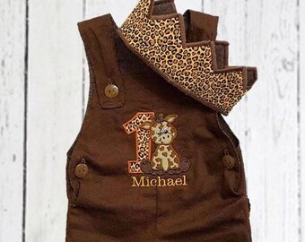 Safari First Birthday Overalls Outfit Romper, Zoo First Birthday Outfit and Crown, Baby Animals Birthday Set, Baby Safari Animal Outfit