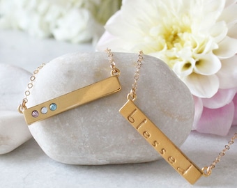 Gold Birthstone Bar Necklace stamped with Blessed. Custom Gold Bar Necklace with Birthstones. Personalized Mother's Necklace, Gift for Mom!