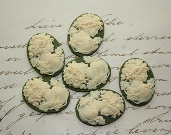 6 unset lady cameos - Ivory on green - 25x18mm
