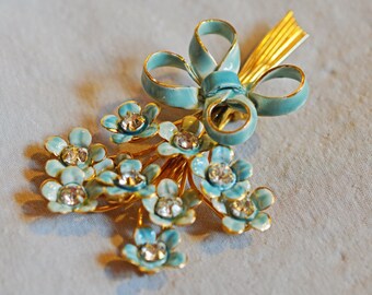 Vintage Brooch - Sandor Brooch, 1960s, Blue Enamel Flowers with Bow, Gold Tone Metal