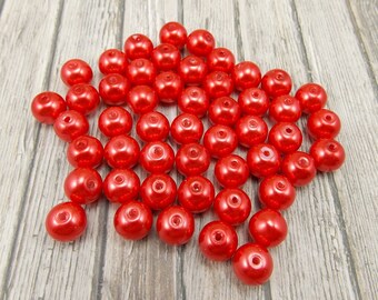 8mm Glass Pearls - Orange-Red - 50 pieces - Bright Burnt Orange