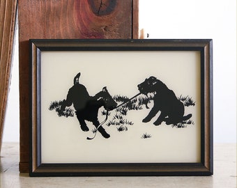 Vintage Framed Silhouette / Terrier Dogs / Black and White Decor