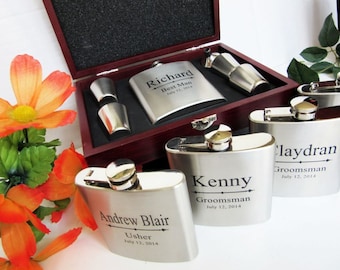 5, Groomsmen Flask Gift Set Wood Box, Rosewood Flask Gift Set, Personalized Groomsmen Gift