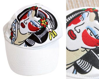90er Jahre Geisha weiße Baseball-Cap / 1990er Jahre / orientalische / Chinoiserie / Trucker Kappe / schrulligen / bestickt / Stickerei