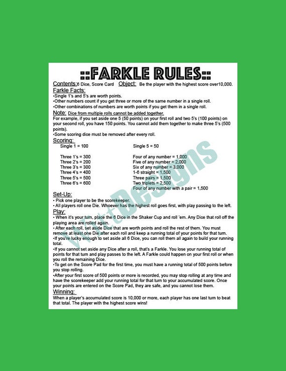 printable rules for spicy farkle