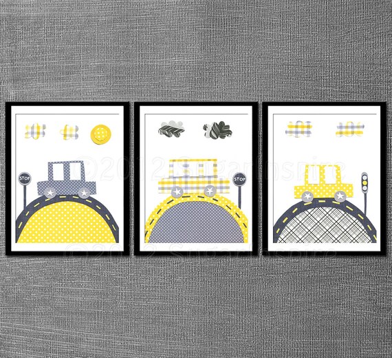 Yellow and grey baby room decor Nursery art print set Kids