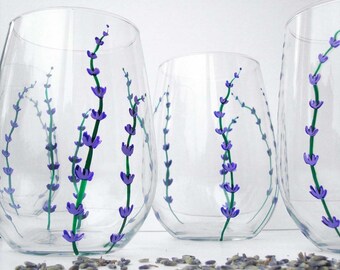 Lavender Flower Stemless Wine Glasses - Set of 4 Hand Painted Stemless Wine Glasses in Green and Purple Flowers