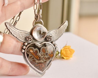 Silver Heart Necklace, Heart and Wing, Turkish Agate Necklace, Gemstone Pendant, White Topaz, Handcrafted Metalwork, Statement Necklace