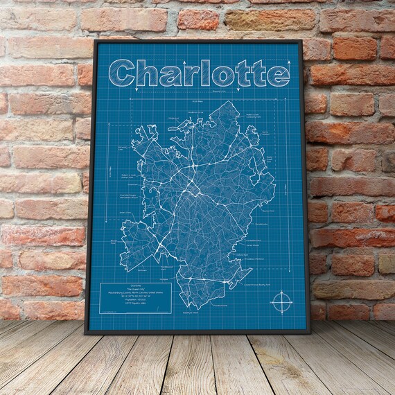 Charlotte Map / Original Artwork / Charlotte Blueprint / Wall