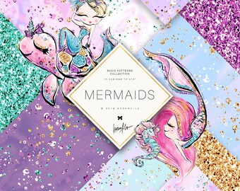 Karamfilas' Mermaids & Unicorns Basic Glitter Digital Paper Pack. Teal, Purple, Pink and Gold Seamless Fabrics Patterns Baby Scrapbook Paper