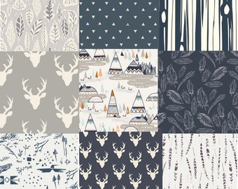 Cotton Fabric, Fat Quarter Bundle, Navy Blue, Quilting Bundle, Elk, Stags, Deer Head, Antlers, Tee Pees, Woodland, Gray, Grey, Feathers
