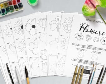 How to Draw Flowers | Lettering Elements | Practice sheets | Bullet jornal | Doodle | Elements | worksheets | Digital file | Printable