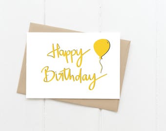 Happy Birthday Greeting Card, Yellow B’day Balloon Blank Card