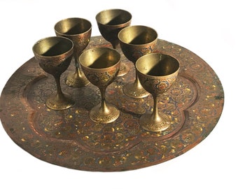 Etched Brass Enameled Cordial Cup Set with Tray