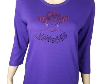Red Hat Society Sophisticated Red Hat bling on a 3/4 sleeve purple cotton poly shirt.