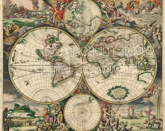 Antique map 17th Old world map Vintage 1689s Printable digital download Art map illustration Retro decor Print-it-Yourself instant Download