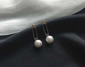 Gold Safety Pin Earrings Pearl Earrings Dangle Earrings Drop Earrings Simple Earrings Gift for Her