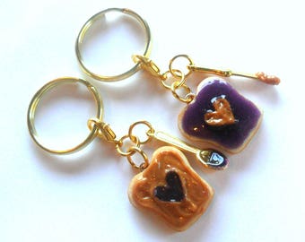 Miniature Food Peanut Butter and Jelly Heart Keychain Set, With Knife & Spoon, Gold Tone, Best Friend's Keychains, BFF :)
