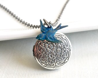 Blue Bird Locket Necklace - Blue Bird Necklace, Small Locket Necklace, Silver Locket Necklace, Keepsake Necklace