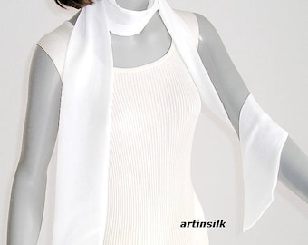 Sheer White Belt, Skinny Silk Scarf, Narrow Sash Tie, Wedding Bridal Sash, Slanted Ends, Bridal Formal Sash, White Cummerbund, Artinsilk