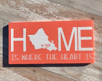 HOME is where the heart is/beachy/custom/hawaii/oahu/rustic/wood sign/military/housewarming/moving