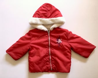 Vintage Toddler Girl's 80's Winter Jacket, Red, White, Hooded, Zip Up (2T)