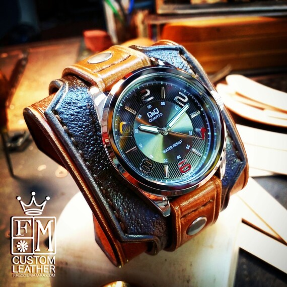 Leather cuff watch wrist watch vintage Nathan Drake style wide layered Custom made for YOU in USA by Freddie Matara
