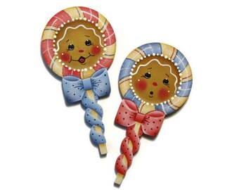 Ginger Lollipop Ornament or Fridge Magnet, Handpainted Wood Gingerbread Refrigerator Magnet, Hand Painted Ginger, Tole Painting