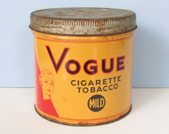 1960's Vogue Cigarette Tobacco Tin/ 1/2 lb Tin for loose tobacco/ 4 1/4" H X 4 1/4" W
