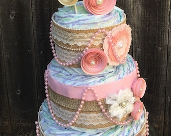 Shabby Pink Diaper Cake-Diaper Cake-Burlap Diaper Cake-Elegant Diaper Cake-Vintage Diaper Cake-Chic Diaper Cake-Girl Diaper Cake
