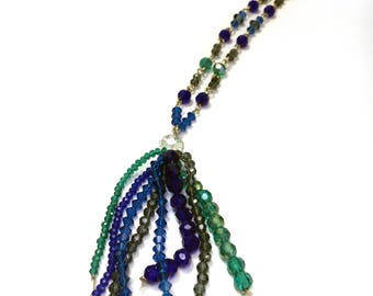 Blues and Greens Crystal Beaded Tassel Necklace