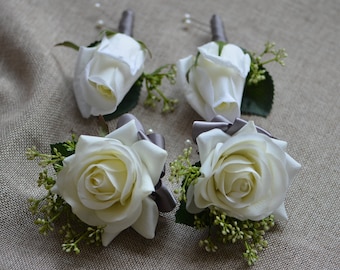 Ivory Rose Boutonnieres Real Touch Roses Corsages Grey Ribbons- Mother Father Flowers Prom Corsage