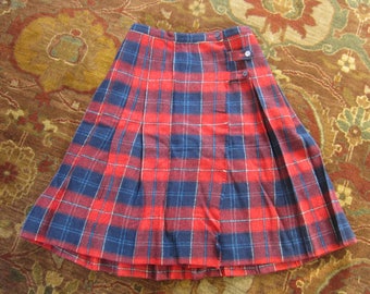 29 Waist Scottish Tartan Plaid Wool Kilt by Culver / Pleated, Red White Blue Flannel Skirt, Size 14