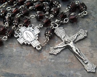 Czech Glass Rosary of Amethyst Cathedral Beads; Catholic Rosary; 5 Decade Rosary; Miraculous Medal; February Rosary