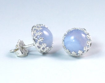 Blue Lace Agate Stud Earrings / Blue Lace Agate Sterling Silver Earrings / 8mm Stud Earrings / Silver Stud Earrings / Handmade Earrings