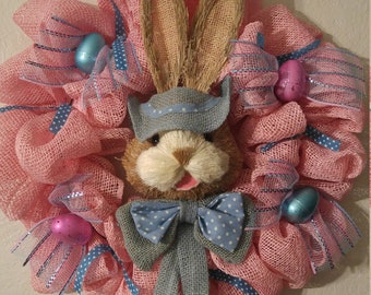 Easter Bunny Poly Burlap Wreath with Easter eggs Pink & Blue TOO CUTE!