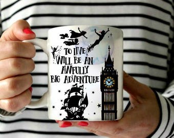 Watercolor silhouette Peter Pan flying : To live will be an awfully big adventure- Mug