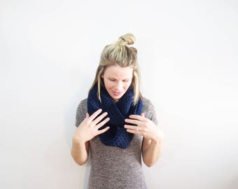 Navy Crochet Scarf. Knit Infinity Scarf. Blue Infinity Scarf. Eternity Scarf. Navy Blue Scarf. Blue Circle Scarf. Womens Winter Accessories.