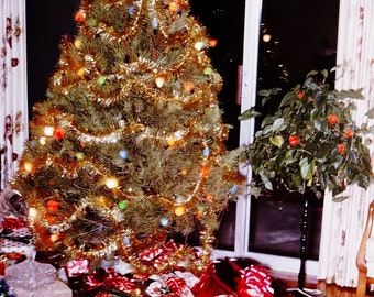 Digital Download: "Tinsely Garland Xmas Tree" 1960s Vintage Kodachrome 35mm Slide Snapshot Photo Mid-Century Modern Setting