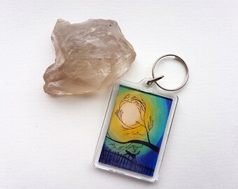 Cat Keyring, Cat Keychain, Cat and Moon, Artwork Keyring, Art Keychain, Pagan Gift, Gift Idea, Acrylic Keyring, Wiccan Gift, Keychain, Gift